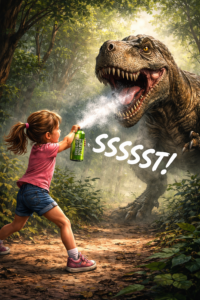 girl with spray can driving dinosaur away